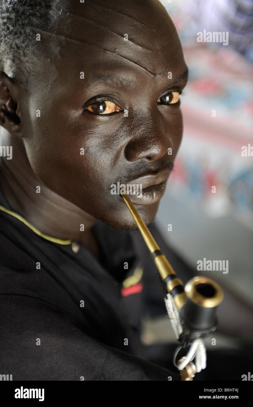 South Sudan, Rumbek , Cuibet, Dinka man with scar on his fore head and tobacco pipe Stock Photo