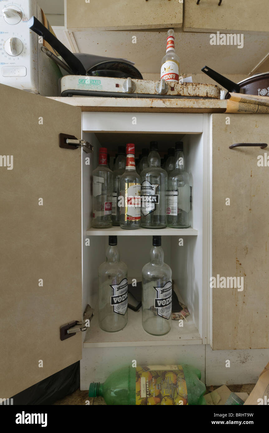 Lots of empty vodka bottles in a kitchen cupboard Stock Photo