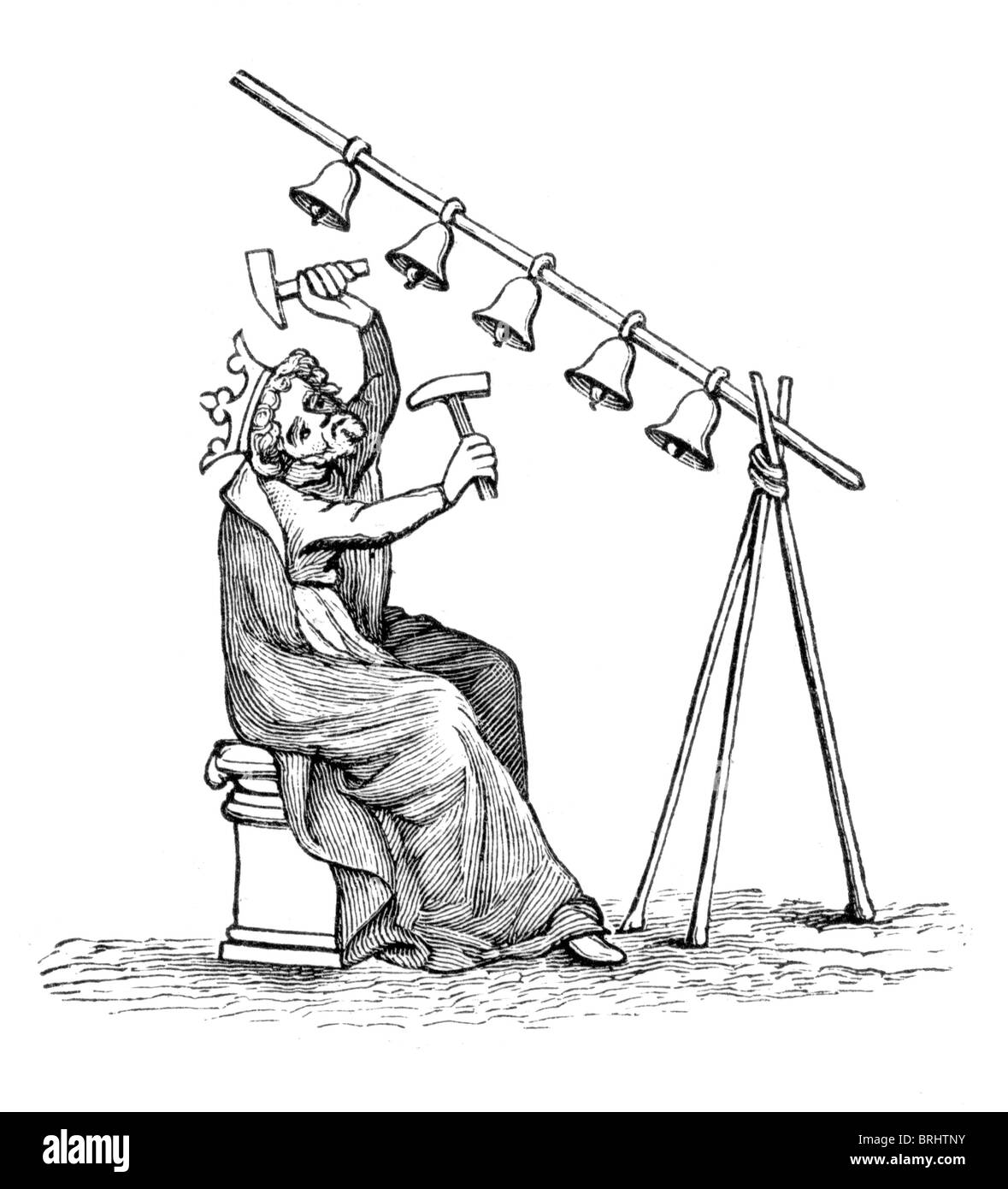 Black and White Illustration; King David playing on bells, from the