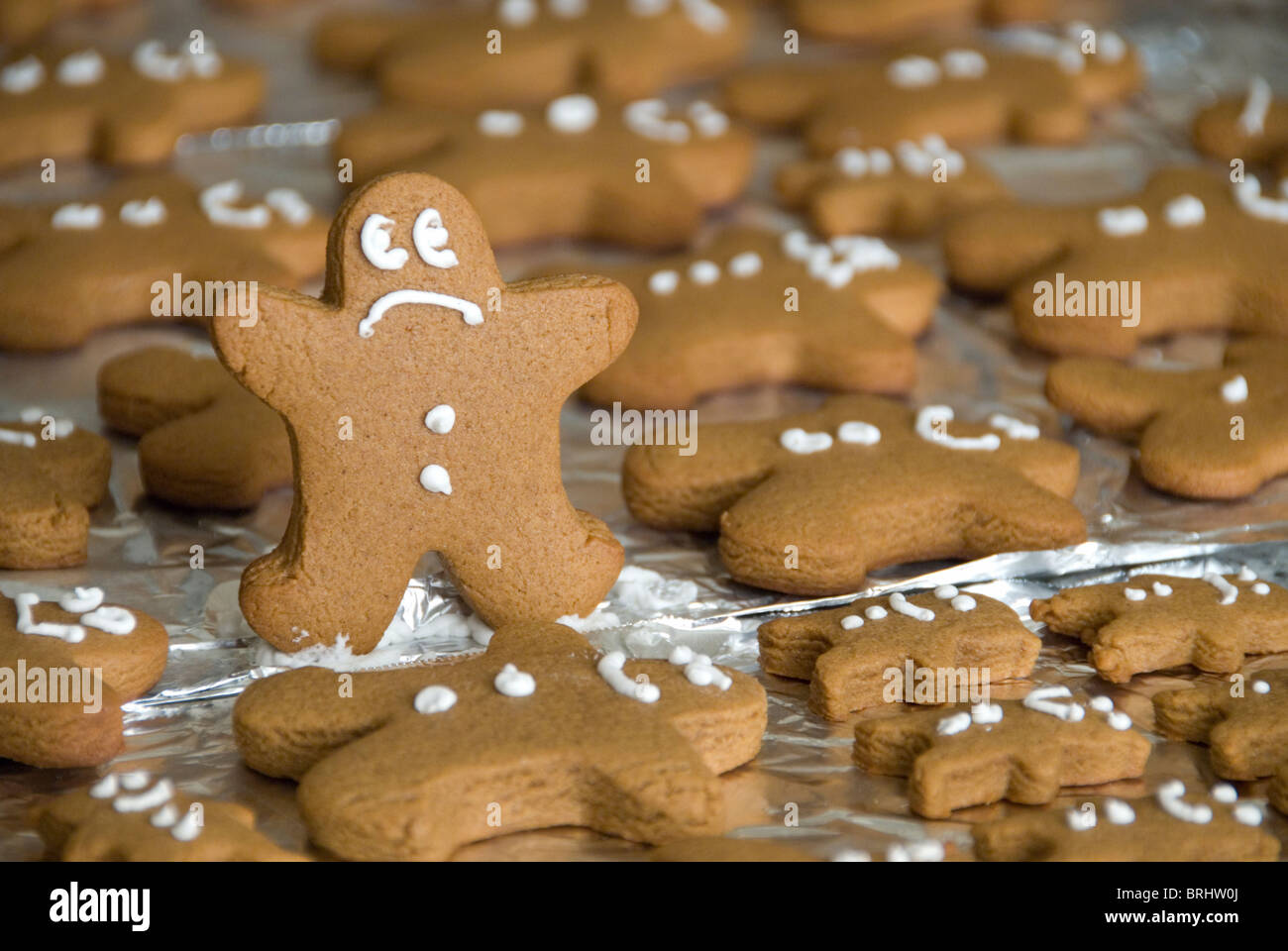 A gingerbread man cookie runs for his life, as he realizes he may be eaten otherwise. Stock Photo