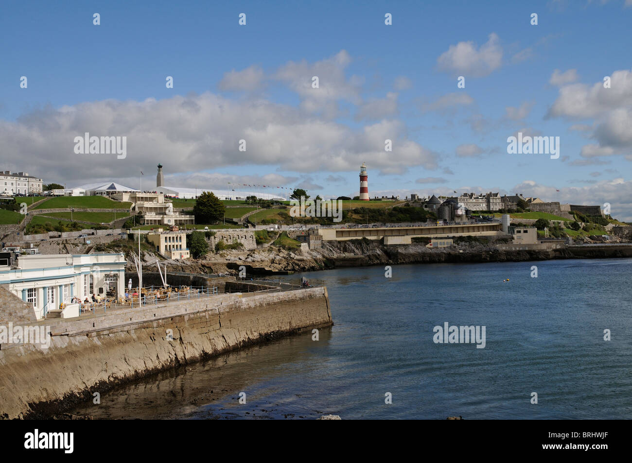 Plymouth Hoe and waterfront viewed across Plymouth Sound from the west. Devon south west England UK Stock Photo
