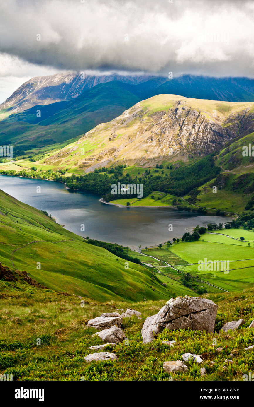 View over Buttermere & Crummock Water from the Haystacks path, Lake District National Park, Cumbria, England, UK Stock Photo