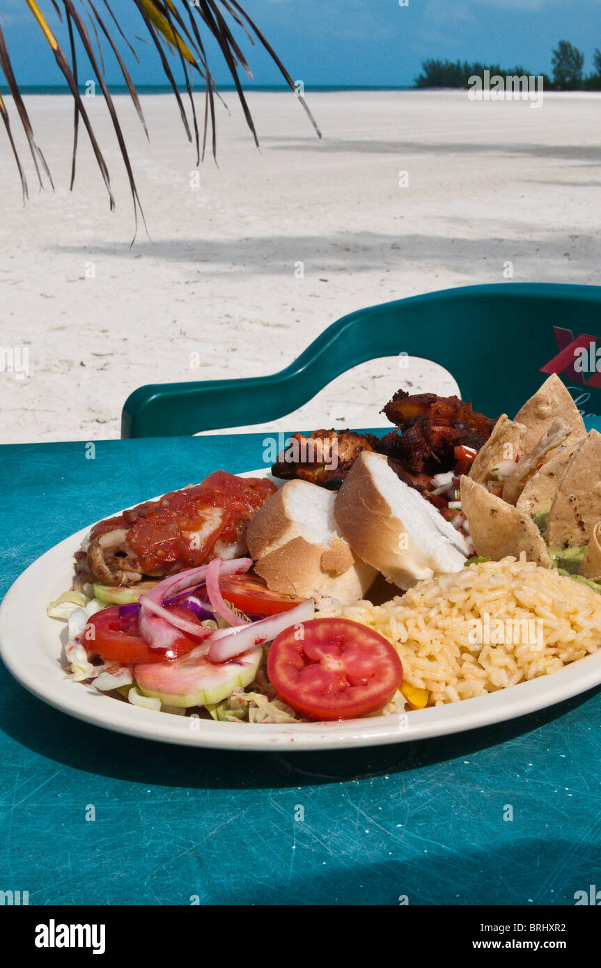 Mexico, Cozumel. Typical Mexican food at Isla Pasion beach (Passion Island), Isla de Cozumel (Cozumel Island). Stock Photo