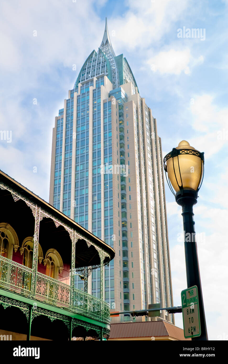 Grill work on building in Lower Dauphin Street Historic District and RSA Battle House Tower in downtown Mobile, Alabama, USA Stock Photo