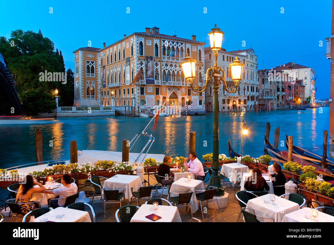 Europe, Italy, Venezia, Venice, Listed as World Heritage by UNESCO, Restaurant and Terrace along Grand Canal Stock Photo