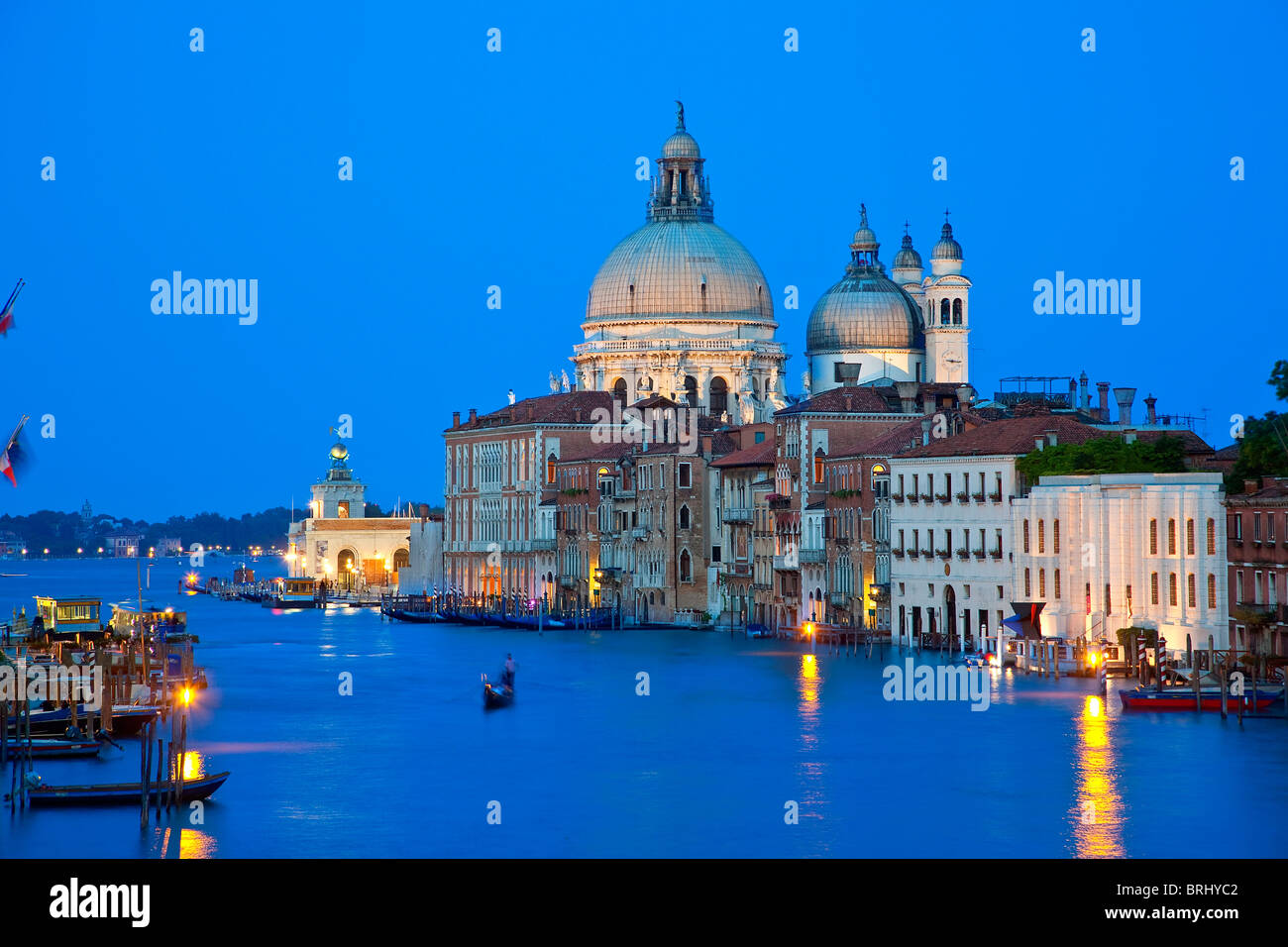 Venice, View from Academia Bridge on Grand Canal and Santa Maria de la Salute at night Stock Photo