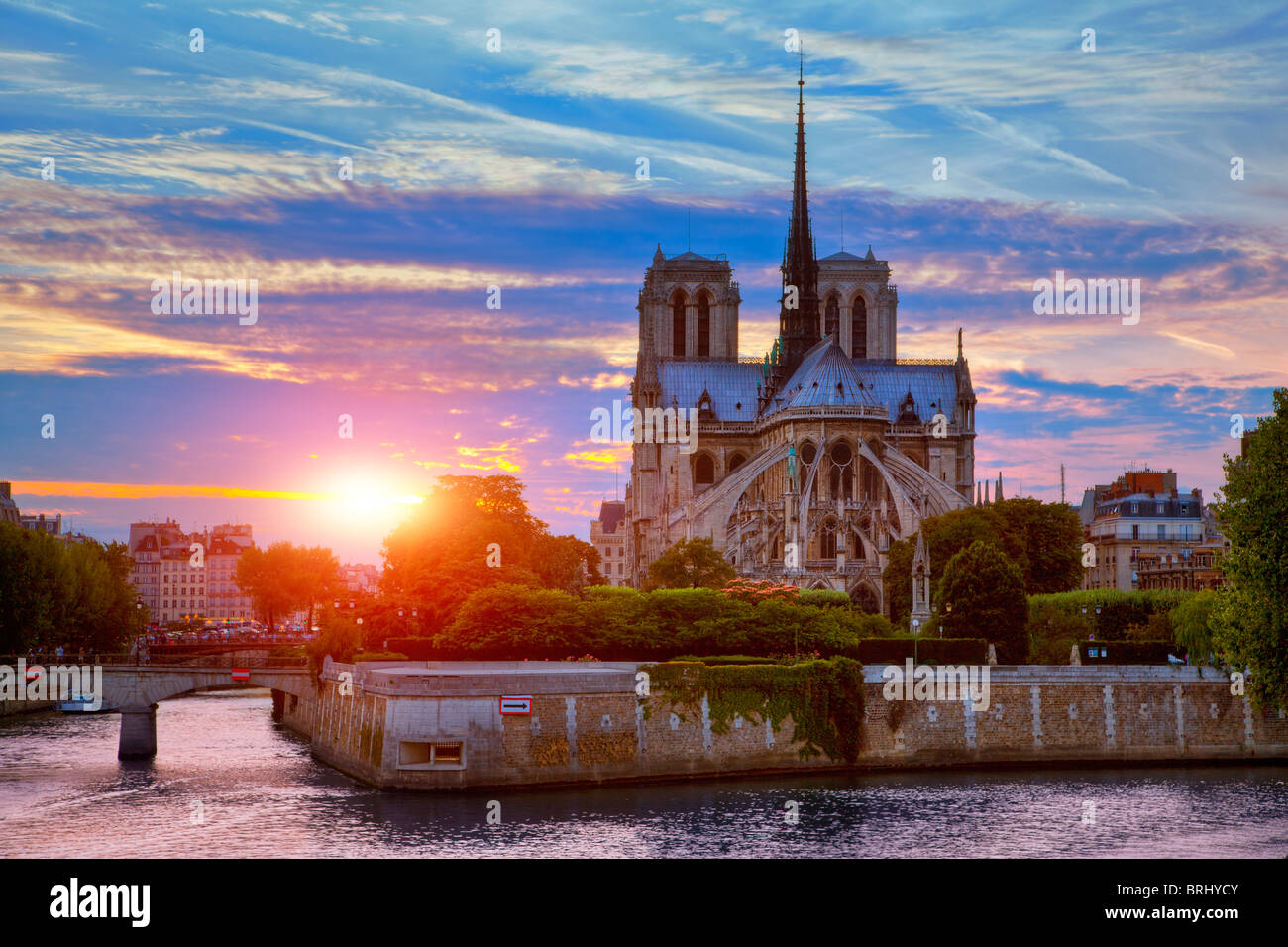Paris, Notre Dame de Paris Cathedral at Sunset Stock Photo