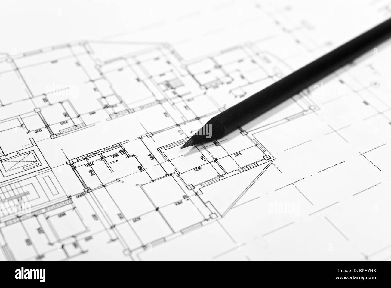 plans for residential flats with pencil closeup Stock Photo