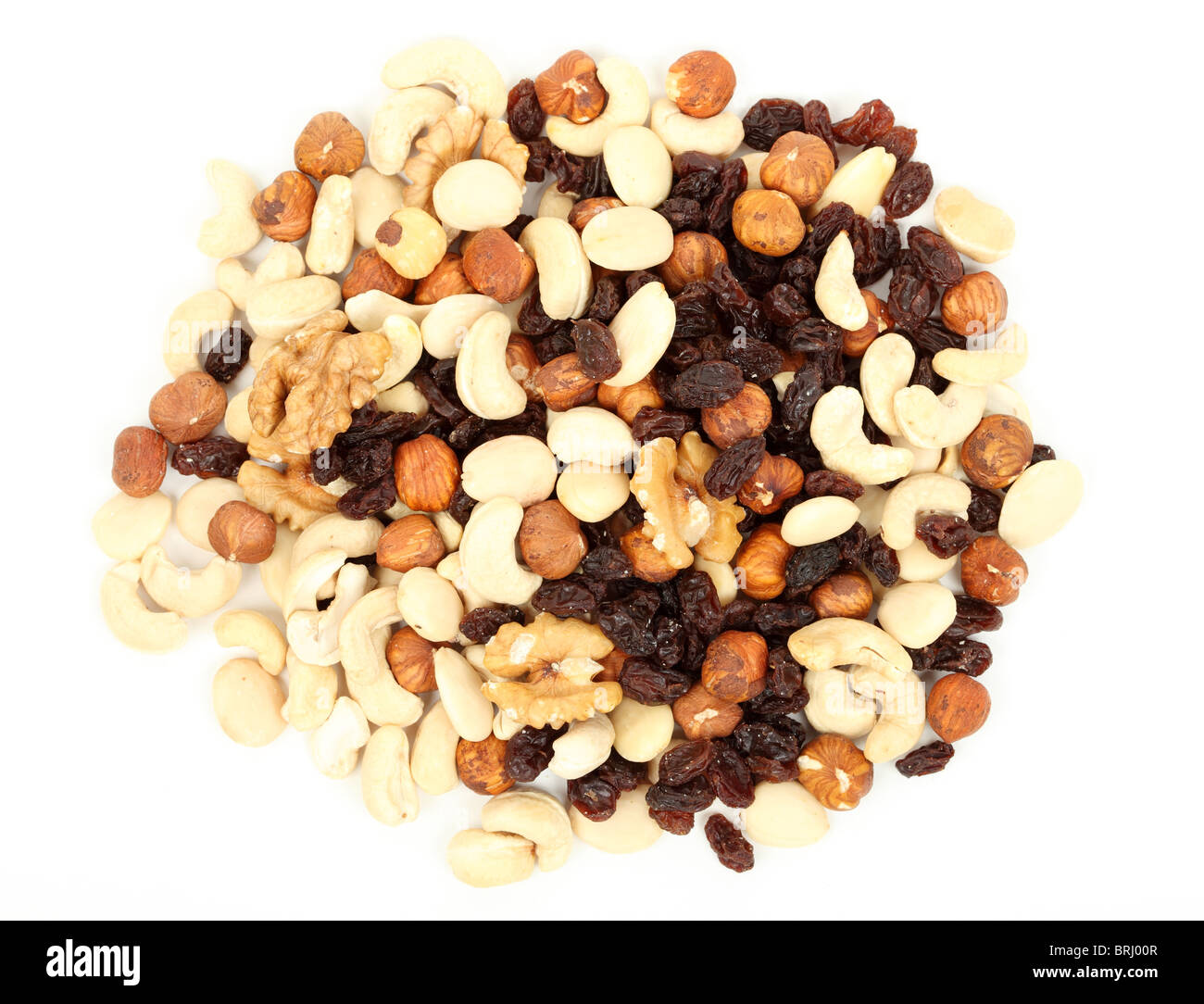 Mixed nuts with walnut, cashew, hazelnut and raisins Stock Photo