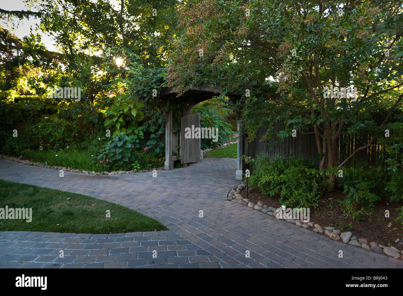 A garden pathway and gate at the Lodi Wine and Visitors Center In Lodi