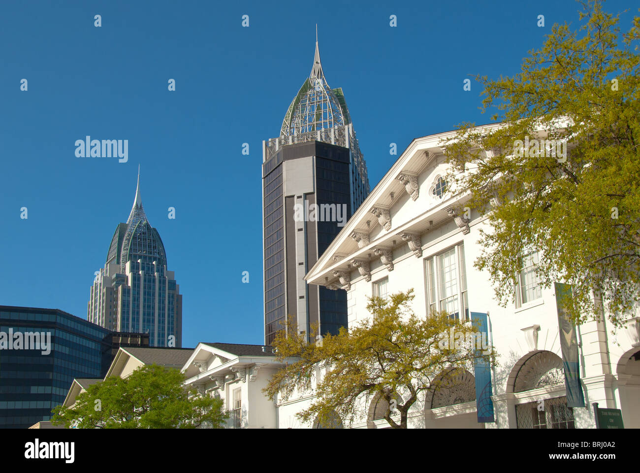 Museum of Mobile (built 1857), Renaissance Riverview Plaza Hotel, RSA Battle House Tower, city center of Mobile, Alabama, USA Stock Photo