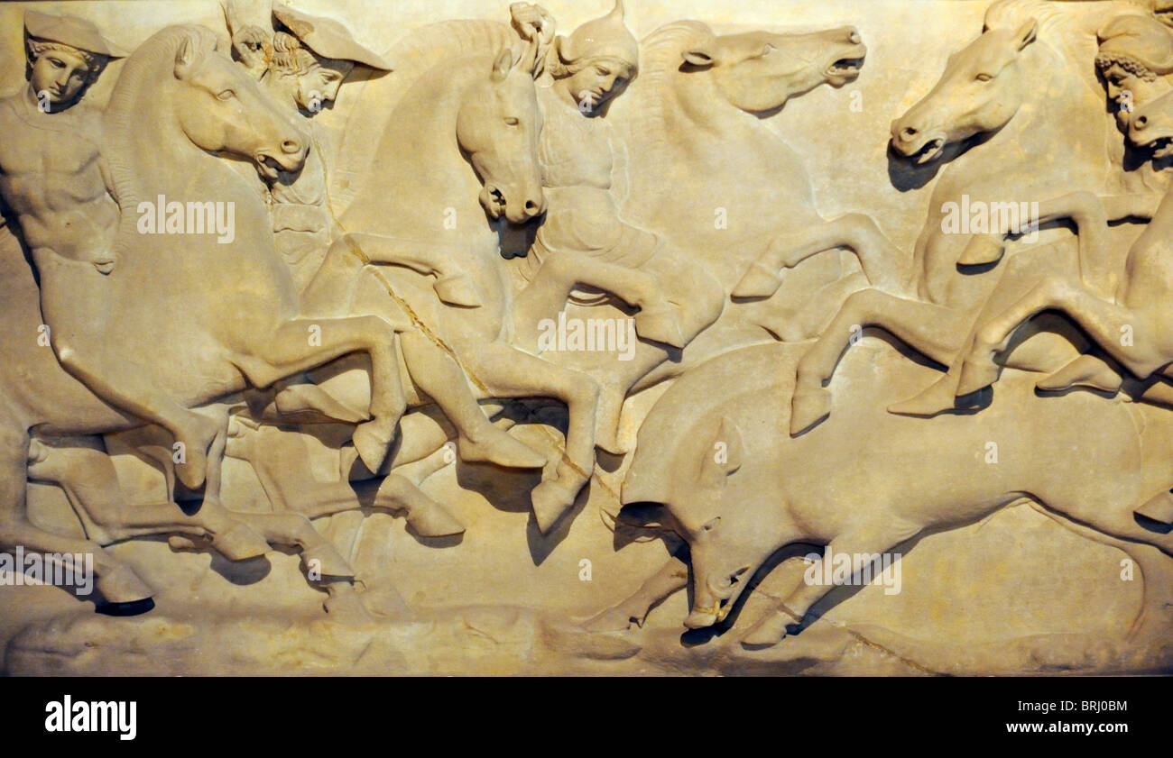 A boar hunting scene depicted on the Lycian Sarcophagus in Salon 20 of the Istanbul Archaeological Museum Stock Photo