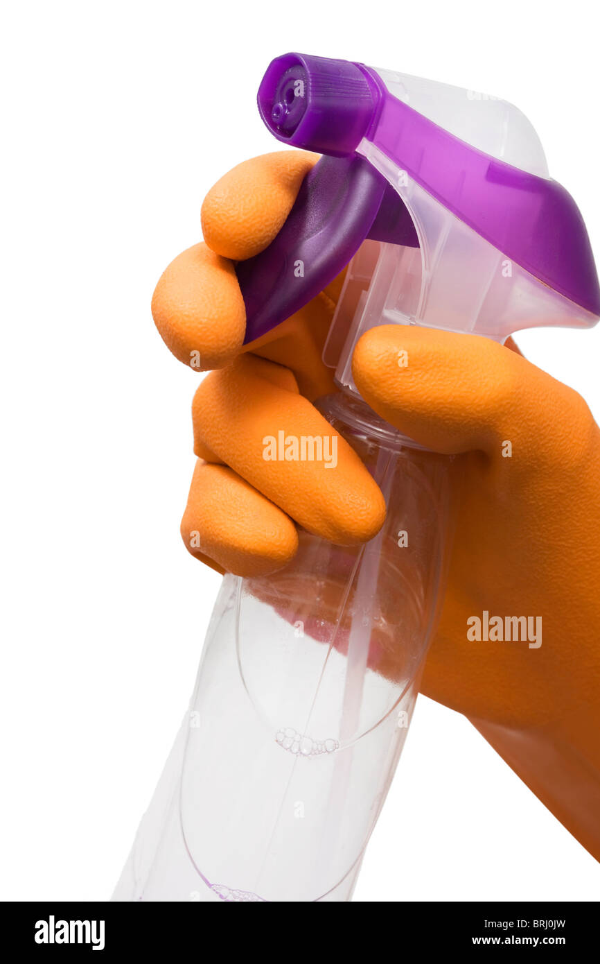 hand with rubber glove holding a bottle of cleanser Stock Photo - Alamy