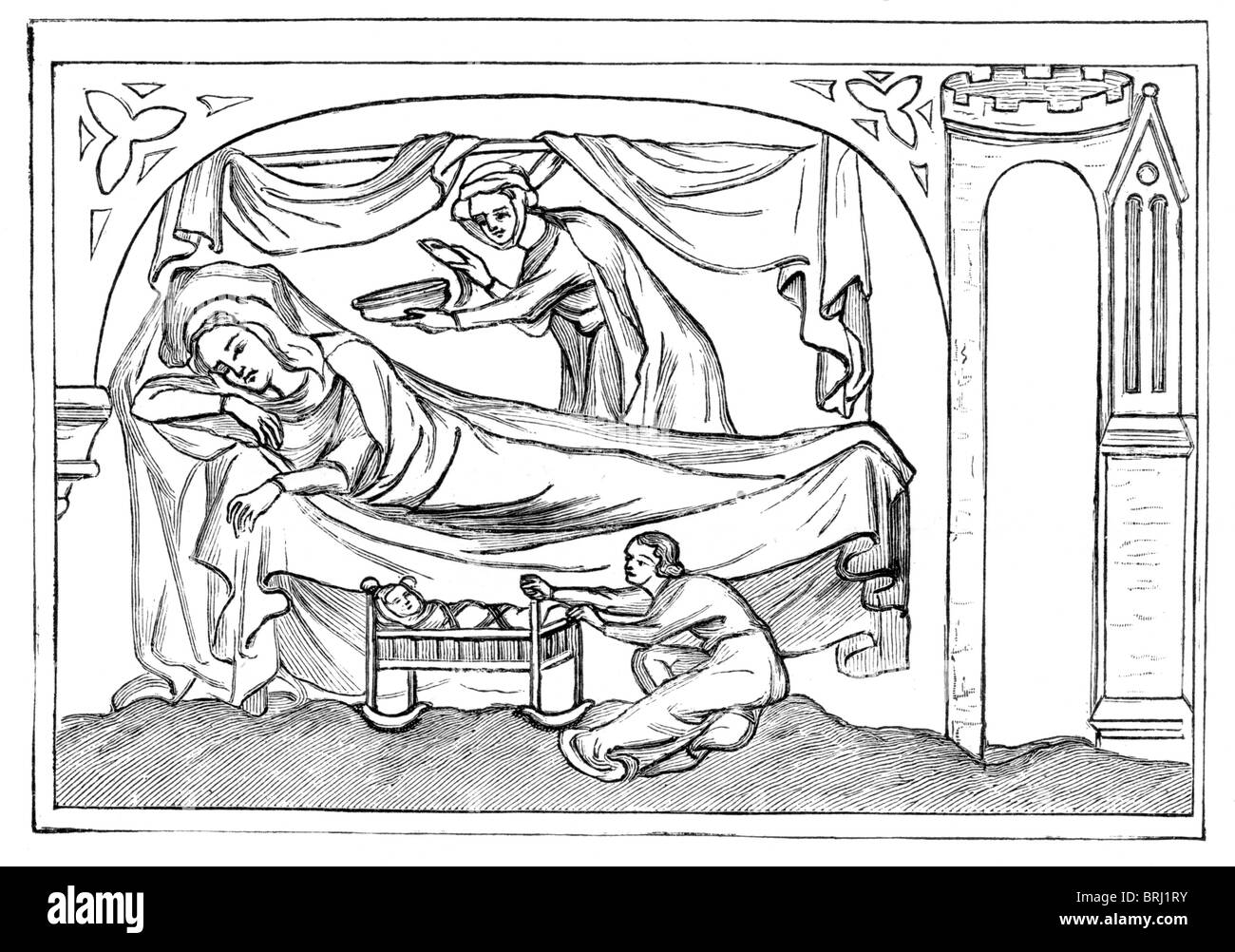 Black and White Illustration; 14th Century; Woman in bed after giving birth Stock Photo