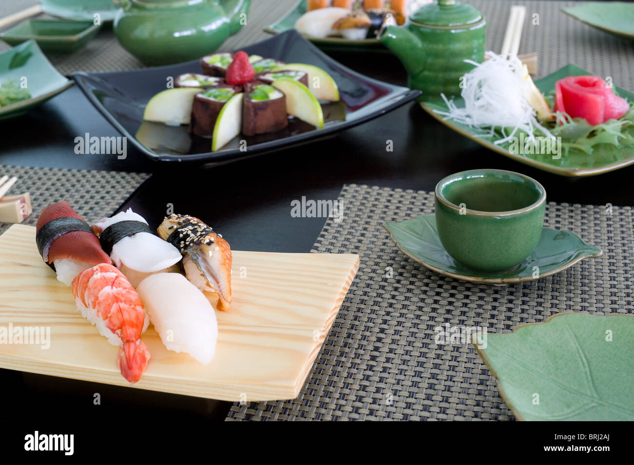A Laid Table At A Japanese Sushi Restaurant Stock Photo Alamy