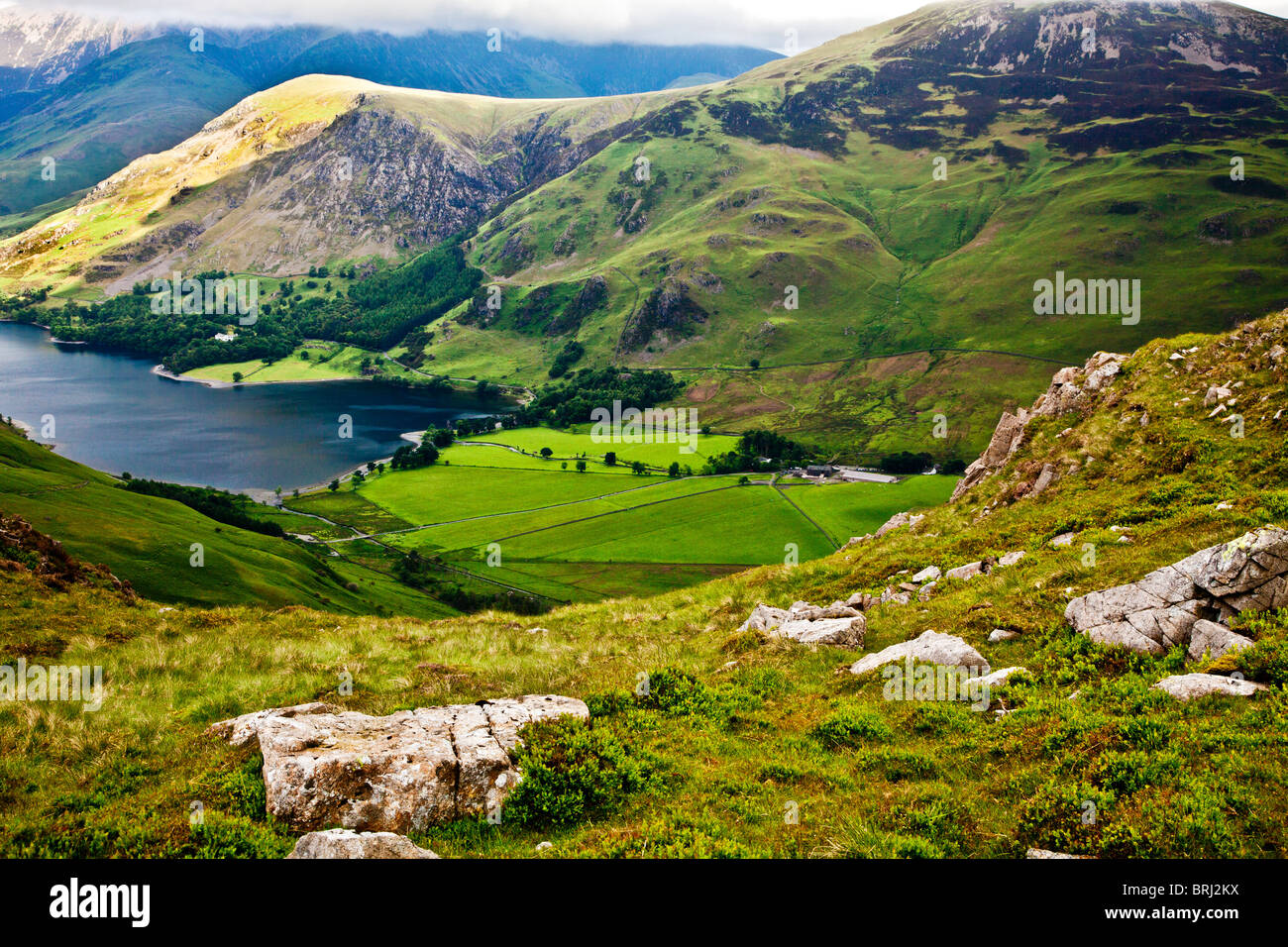View over Buttermere from the Haystacks path, Lake District National Park, Cumbria, England, UK Stock Photo