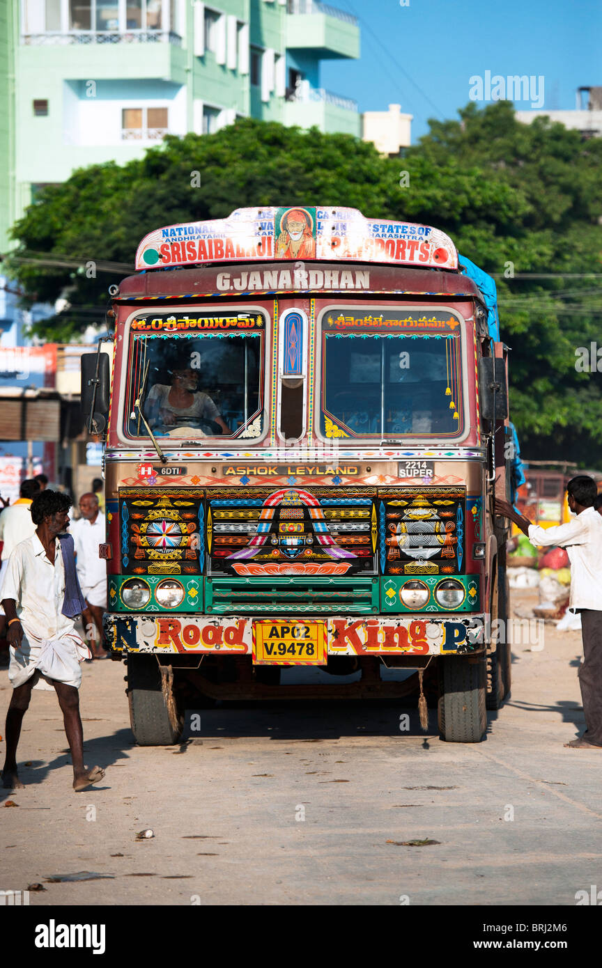 India haulage lorry in the street. Puttaparthi, Andhra Pradesh, India Stock Photo