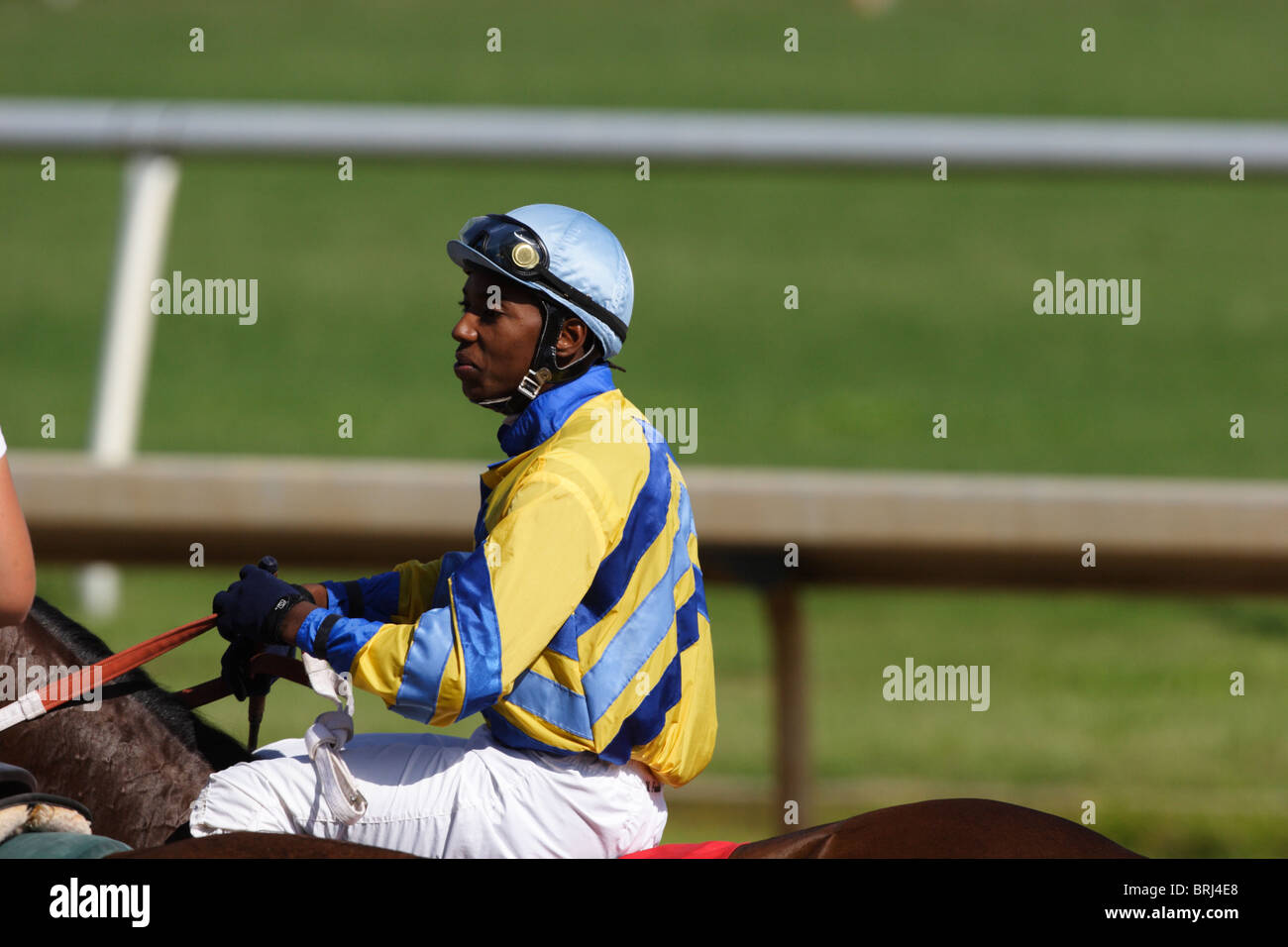 Jockey Malcolm Franklin warming up for race at Colonial Downs racetrack