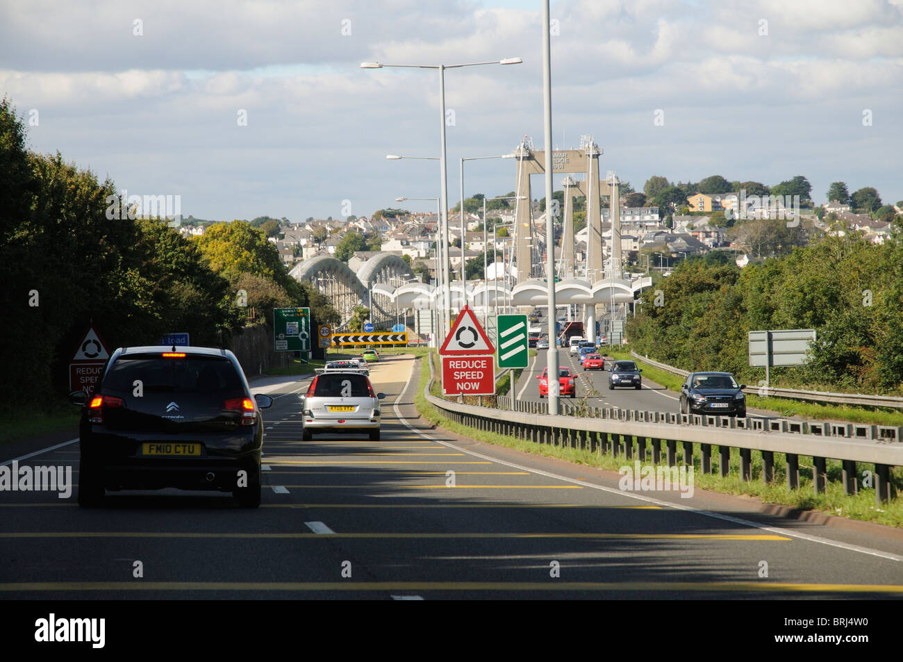 The A38 trunk road Devon Expressway as it approaches the Tamar Bridge towards Cornwall England UK Stock Photo