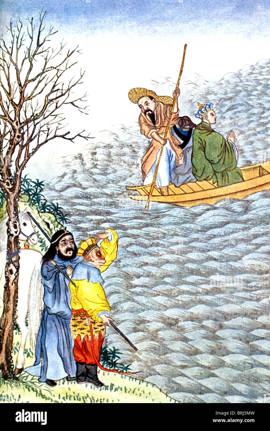 According to Chinese mythology, the priest Hsuan Chuang engaged a boat to take himself and his companions across a body of water. Stock Photo
