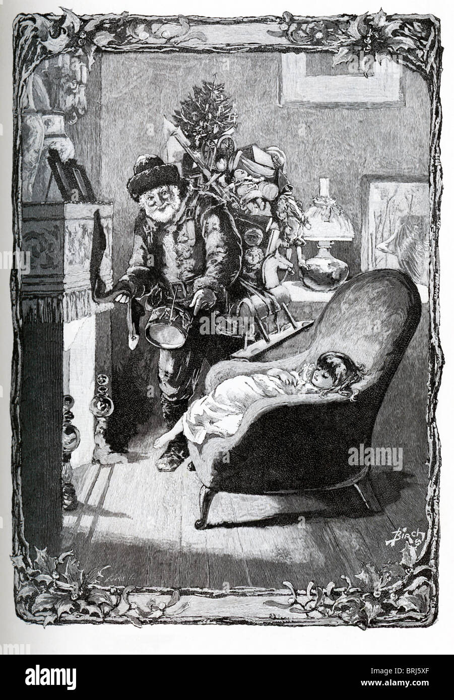 This illustration of Santa Claus stopping at the house of a young girl on Christmas Eve is from St. Nicholas, December 1887. Stock Photo