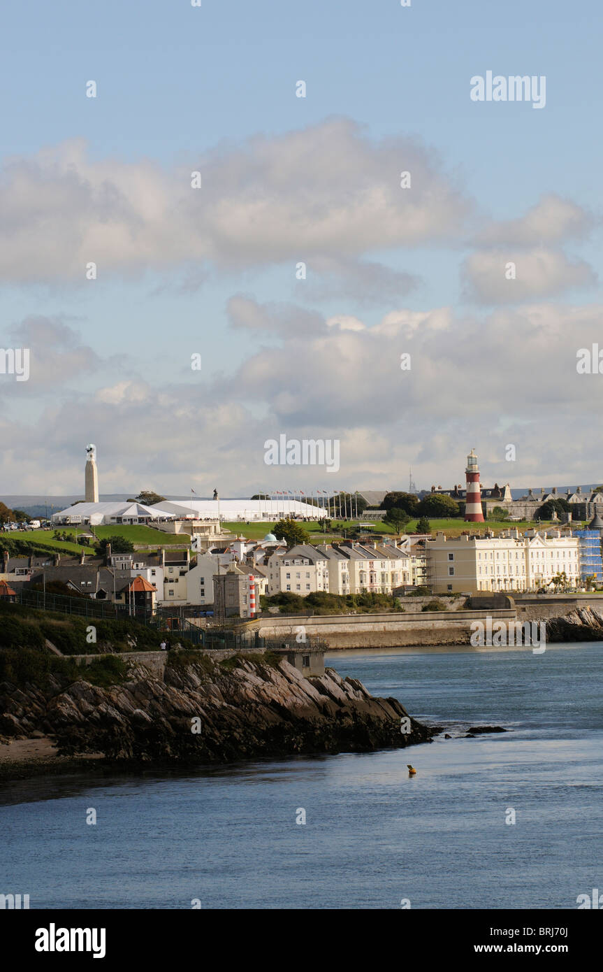 Plymouth Hoe and waterfront viewed across Plymouth Sound from the west. Devon south west England UK Stock Photo