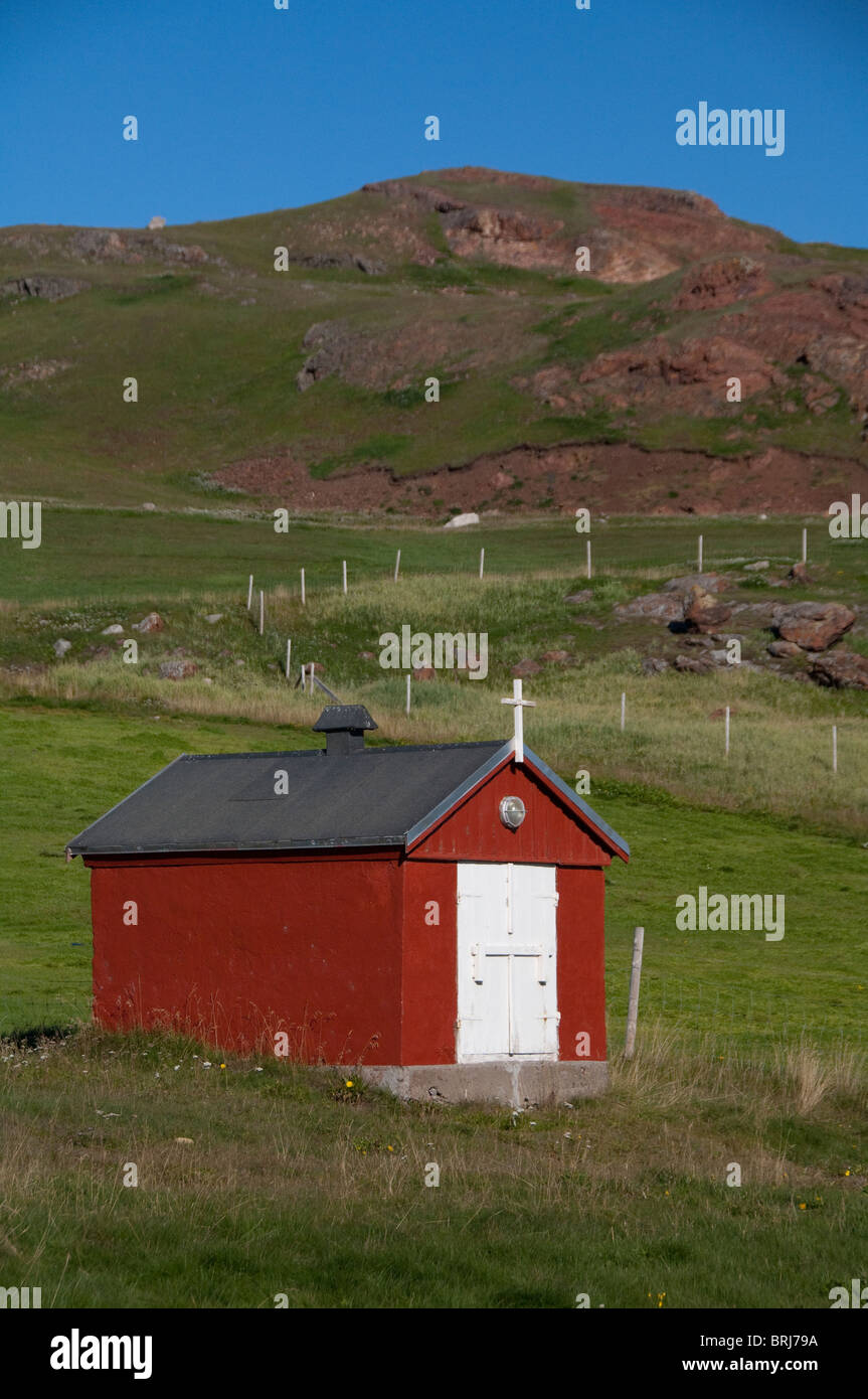 Greenland, Erik's Fjord, Brattahlid. Tiny church building. Stock Photo