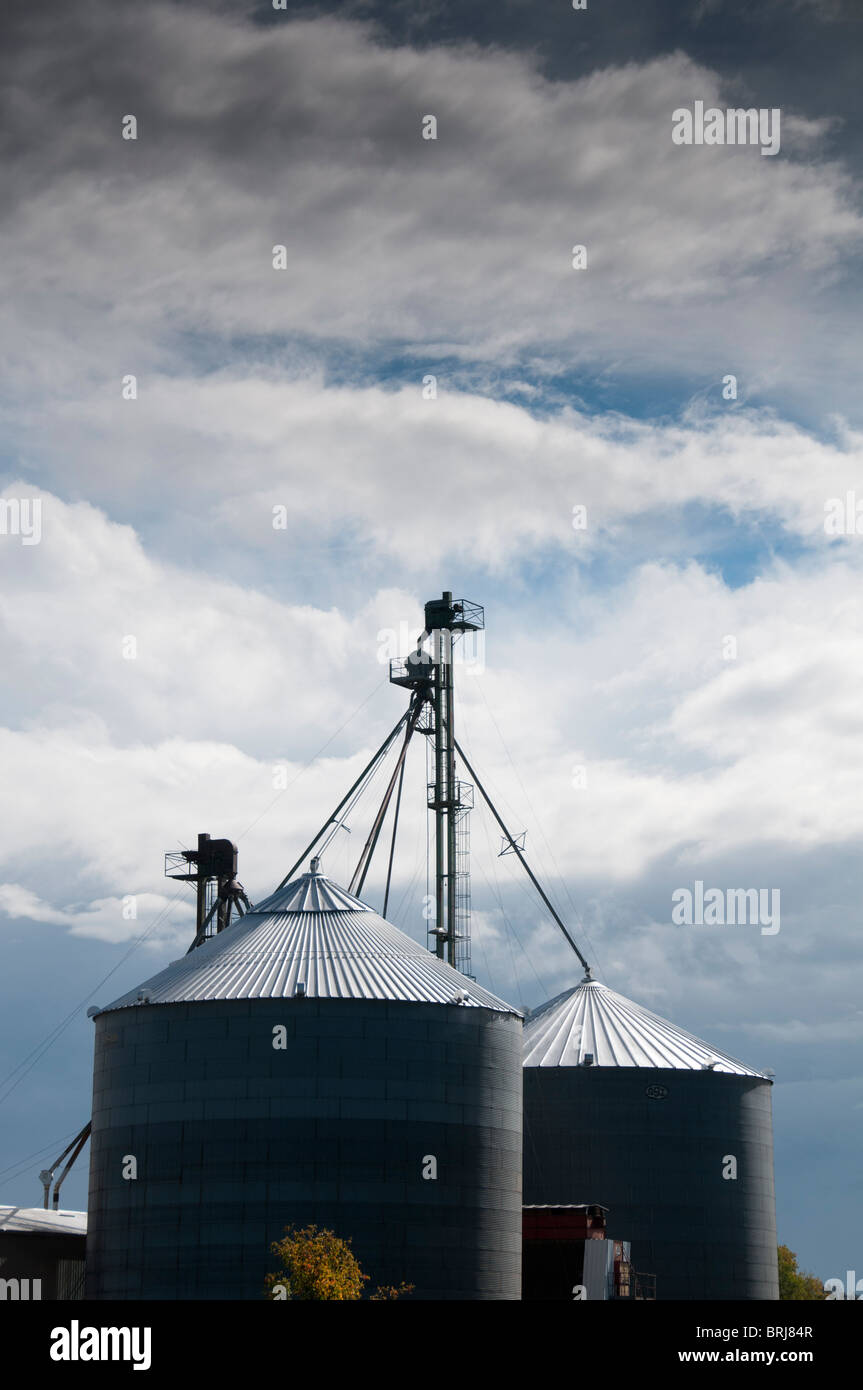 Metal grain silos  overcast sky. Stock Photo