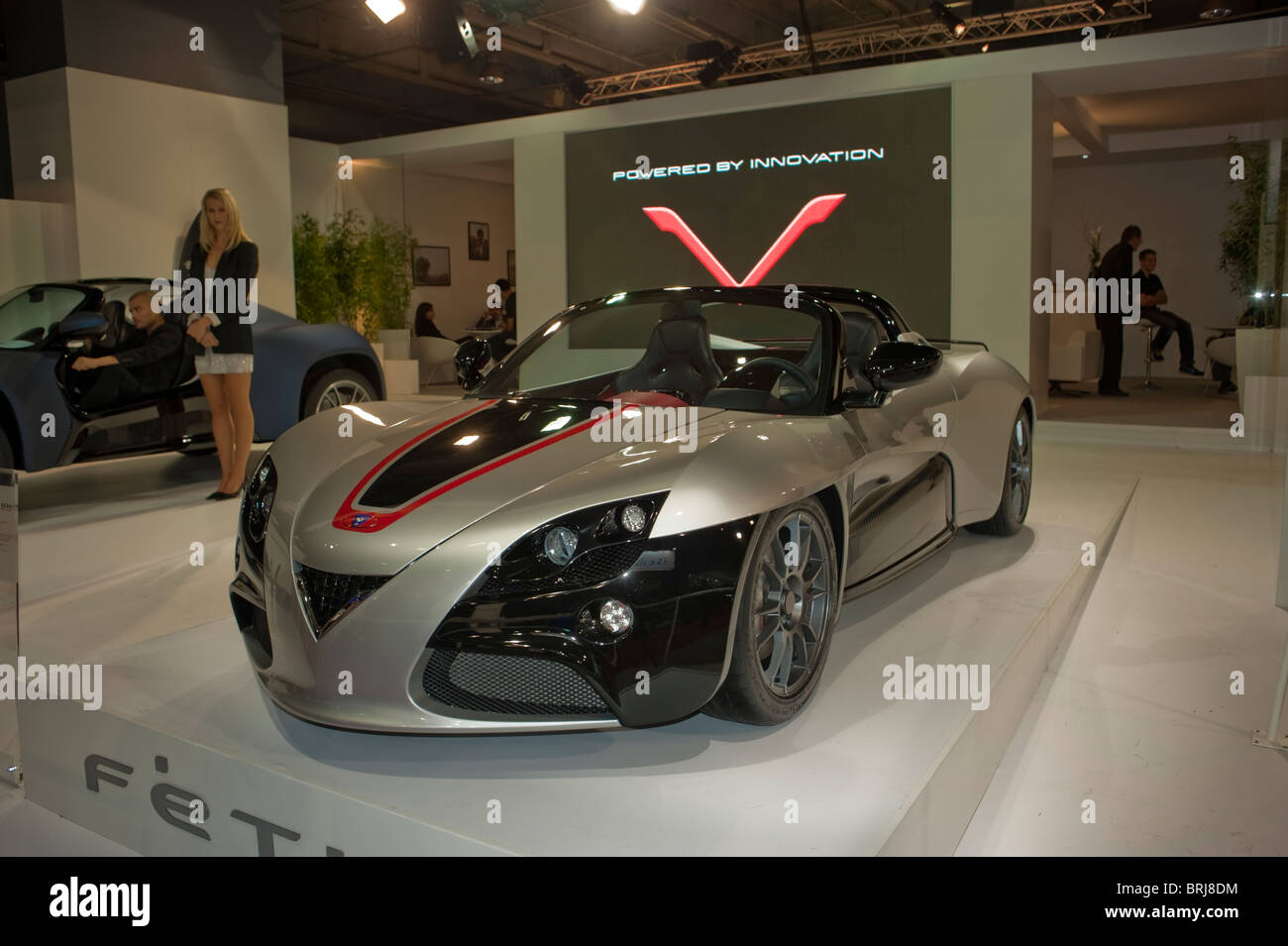 Paris, France, Paris Car Show, Venturi Luxury Electric Cars, 2 seaters, Carbon Fiber Bodies, on display in Showroom, shopping in the future Stock Photo