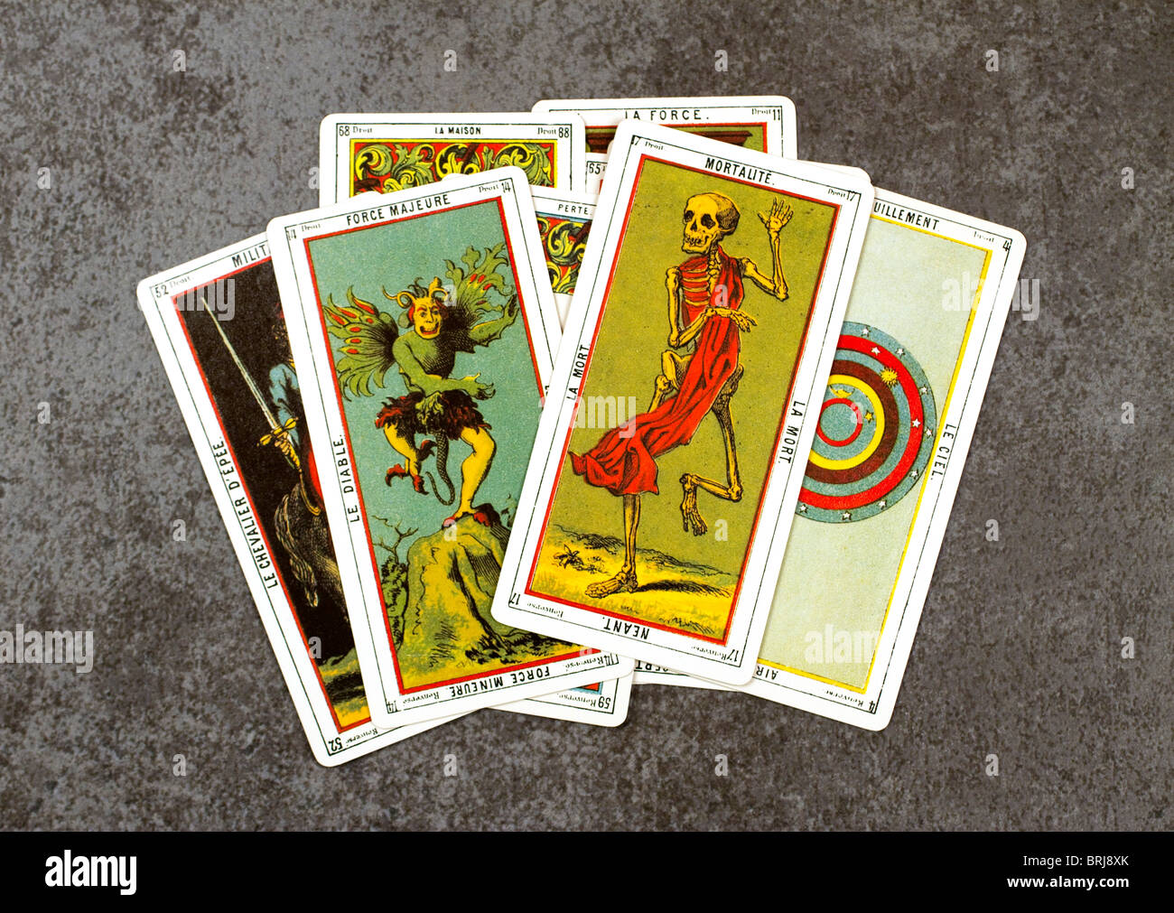 Cards from an ancient set of Tarot, used for divination. Stock Photo