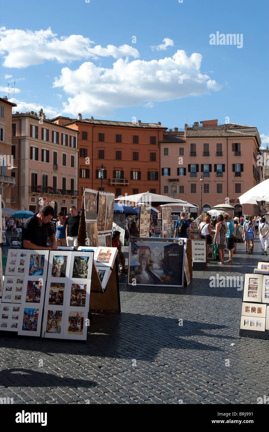 Navona square touristic Rome Italy painters travel Stock Photo