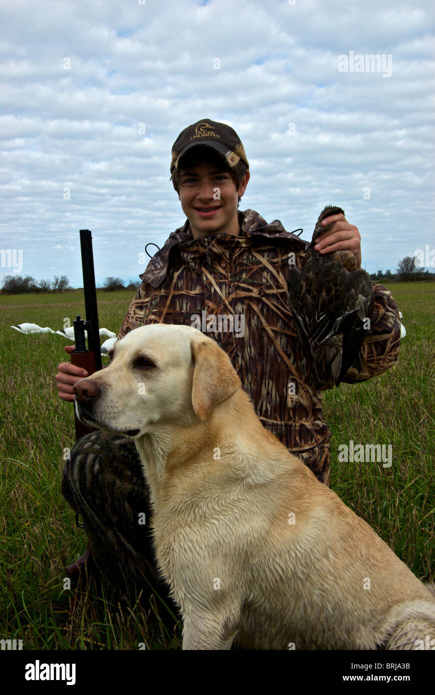 Young duck hunter wearing camouflage clothing holding dead American widgeon and shotgun in harvested barley stubble field Stock Photo