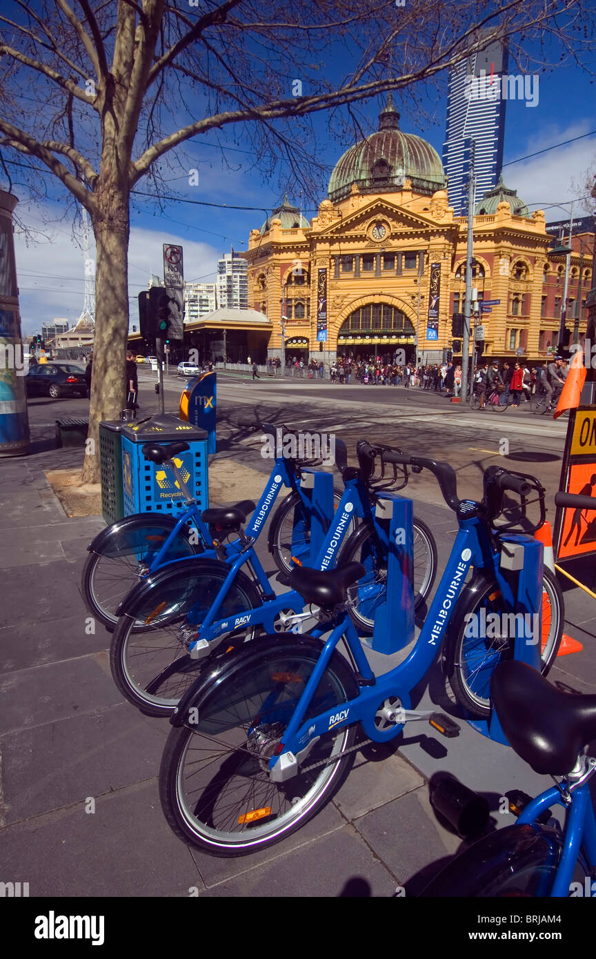 Melbourne Bike Share, free city bikes, outside Flinders Street Station, Victoria, Australia. No MR or PR Stock Photo