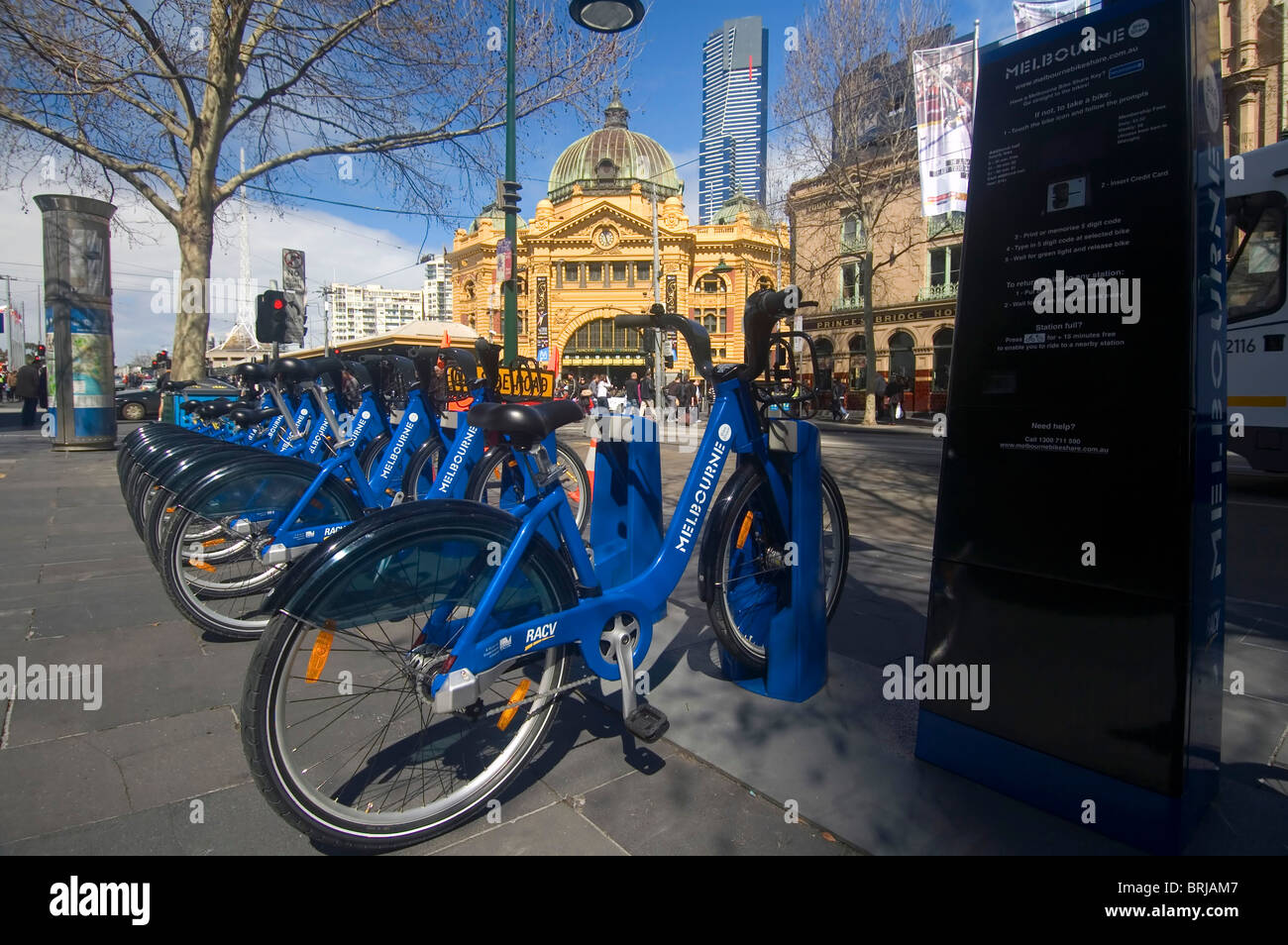 Melbourne Bike Share, free city bikes, outside Flinders Street Station, Victoria, Australia. No MR or PR Stock Photo