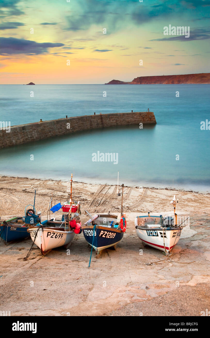 Sennen harbour at Sunset; looking towards Cape Cornwall Stock Photo