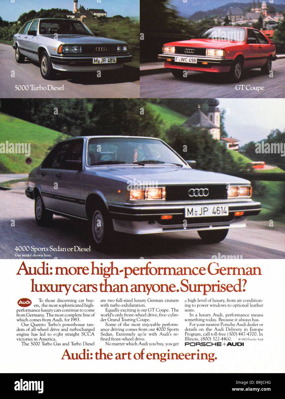 Audi German luxury cars color advert in American fashion magazine circa 1983 Stock Photo