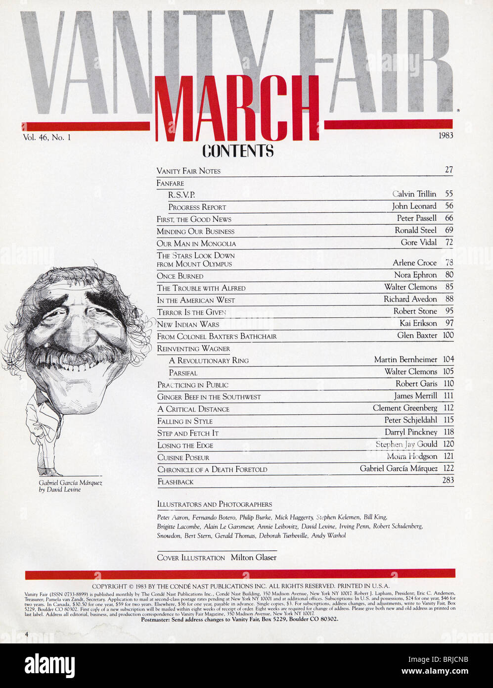 Contents page of Vanity Fair American fashion magazine March 1983 Stock Photo