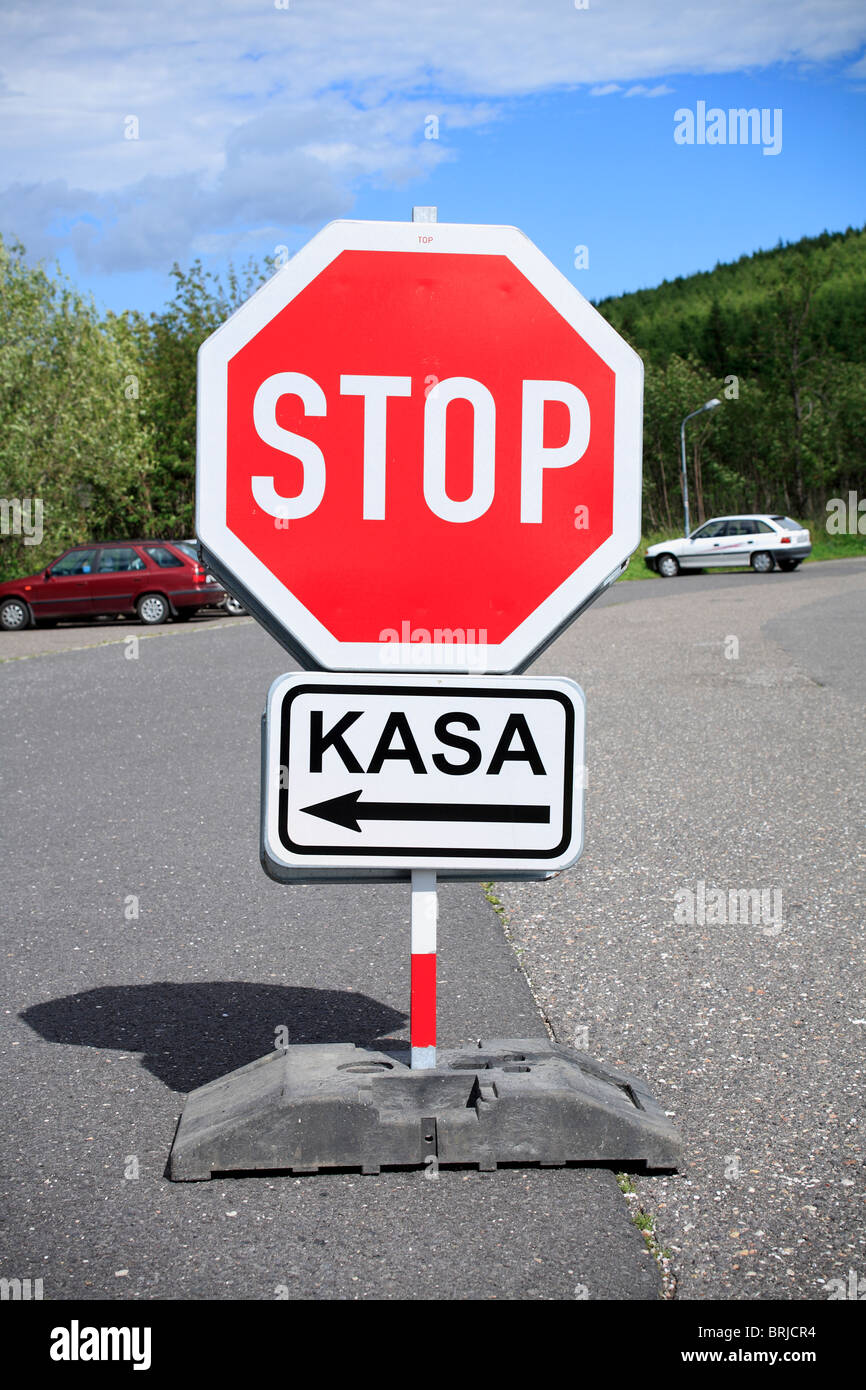 stop sign and entrance to attented parking lot in mala upa. trutnov, snezka, Krkonose, czech republic Stock Photo