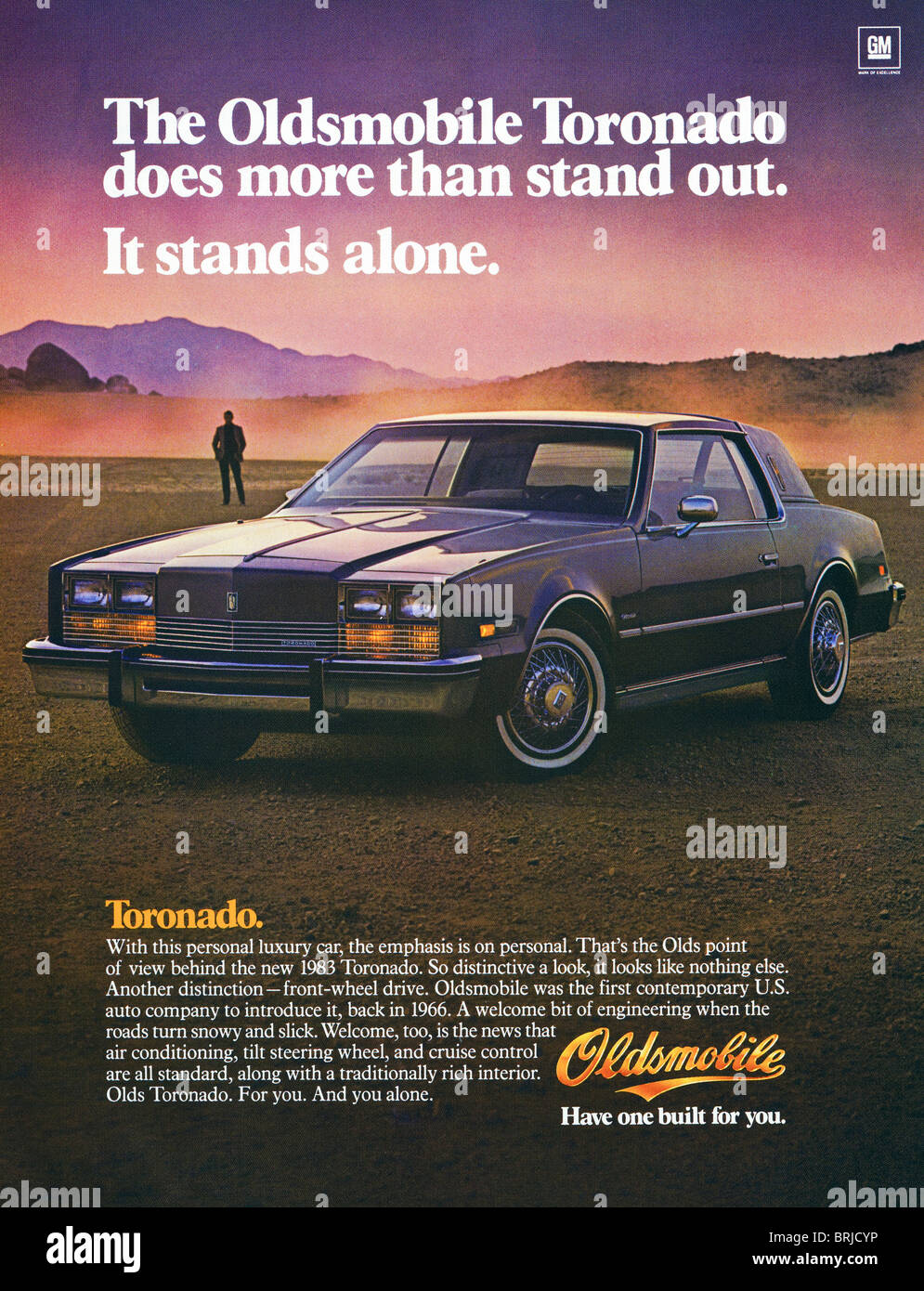 Color advertisement for GM Oldsmobile cars in American fashion magazine circa 1983 Stock Photo