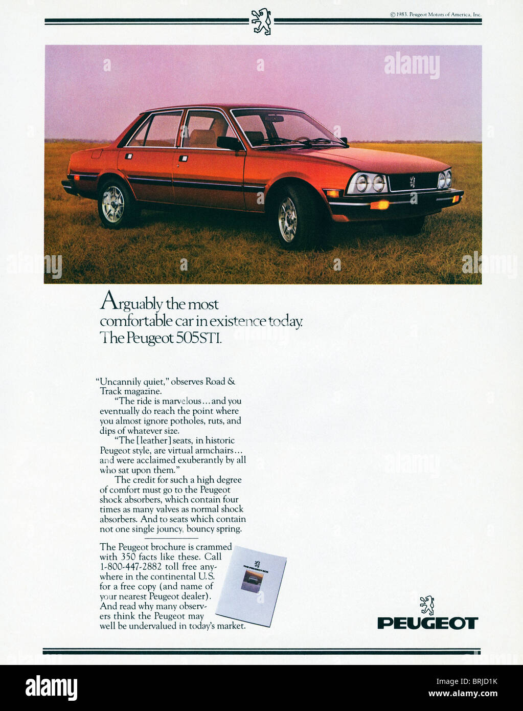 Colour advert for Peugeot cars in American fashion magazine circa 1983 Stock Photo