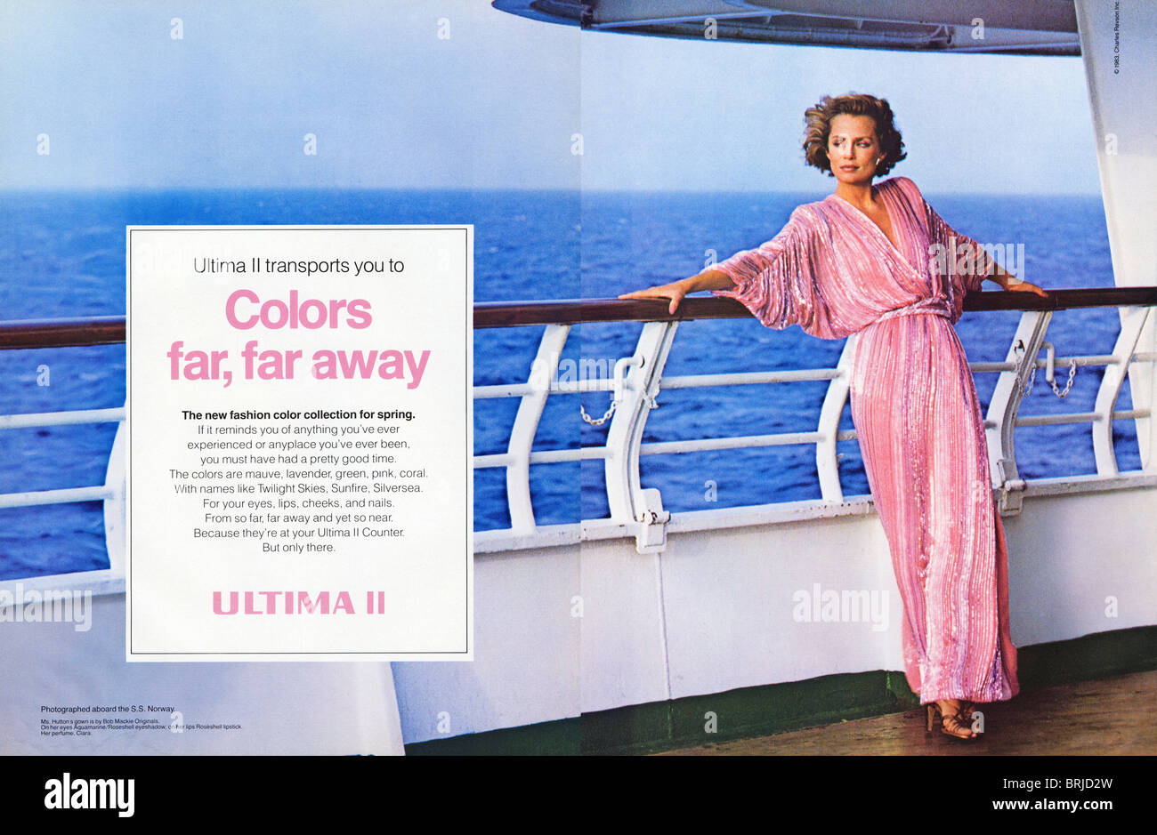 Color double page spread advert for Ultima II with Lauren Hutton in American fashion magazine circa 1983 Stock Photo