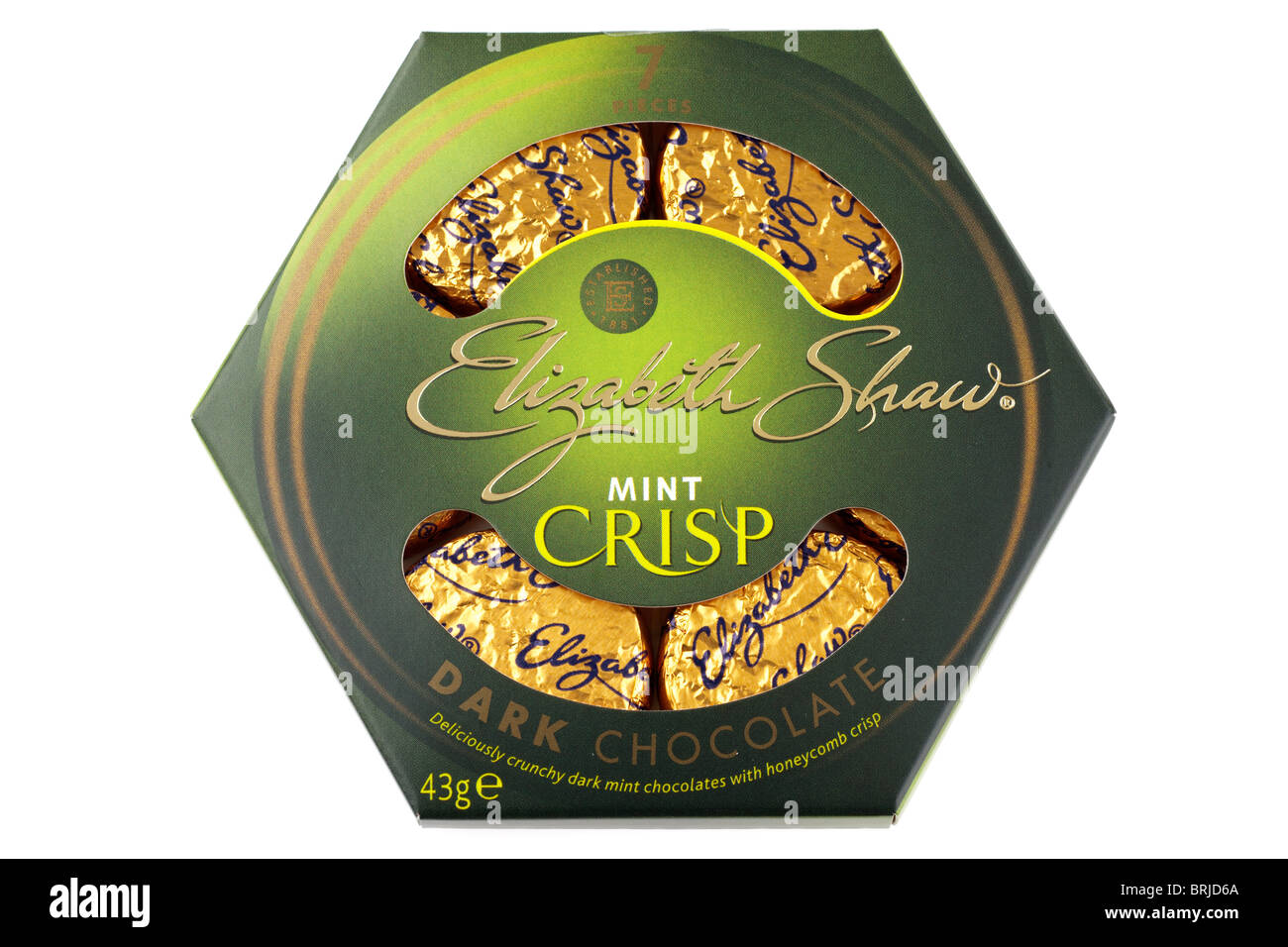 Box of Elizabeth Shaw dark chocolate mint crisp circular wrapped