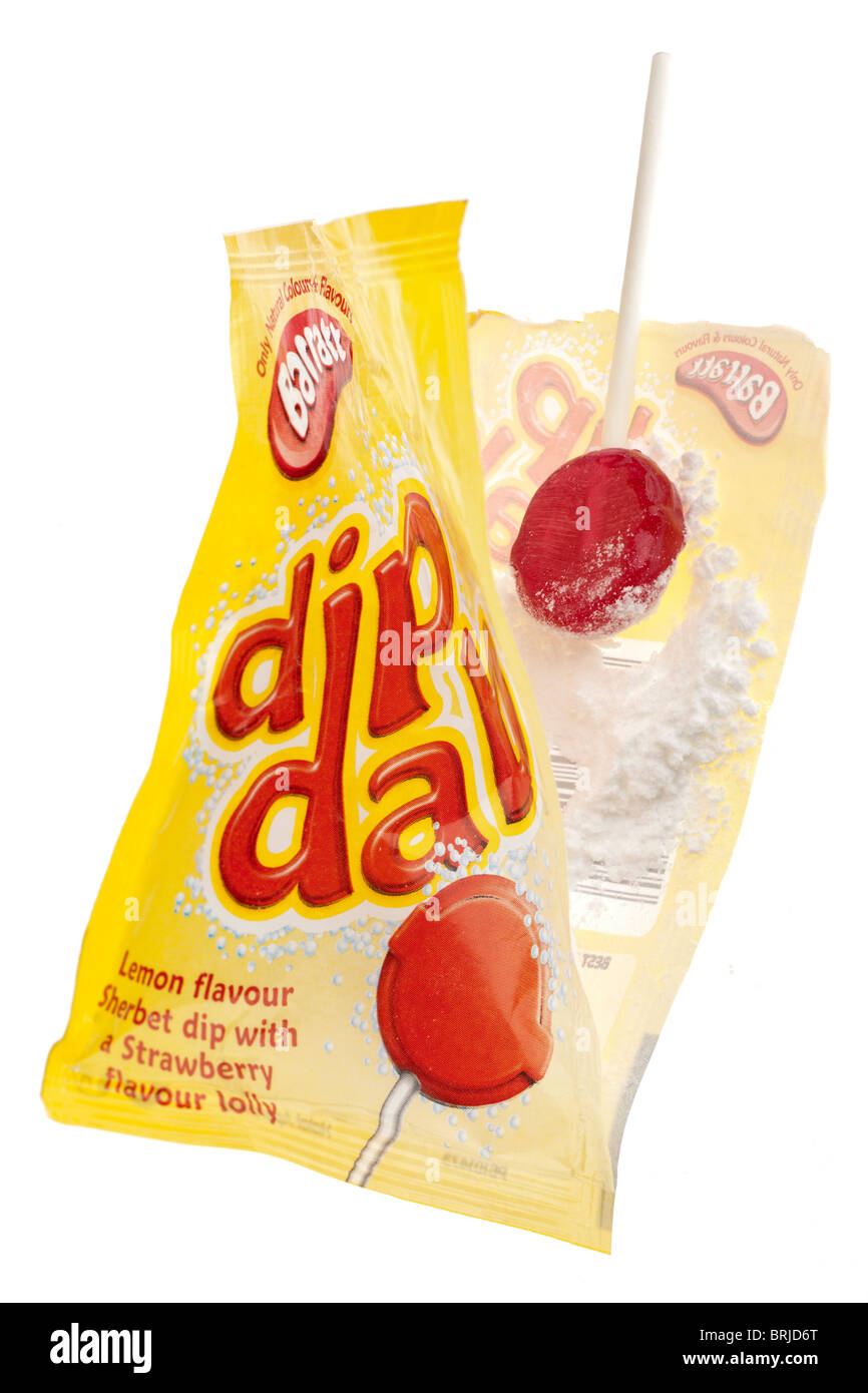 Opened bag of Barratt Dip Dab lemon flavour sherbet dip and strawberry flavour lolly Stock Photo