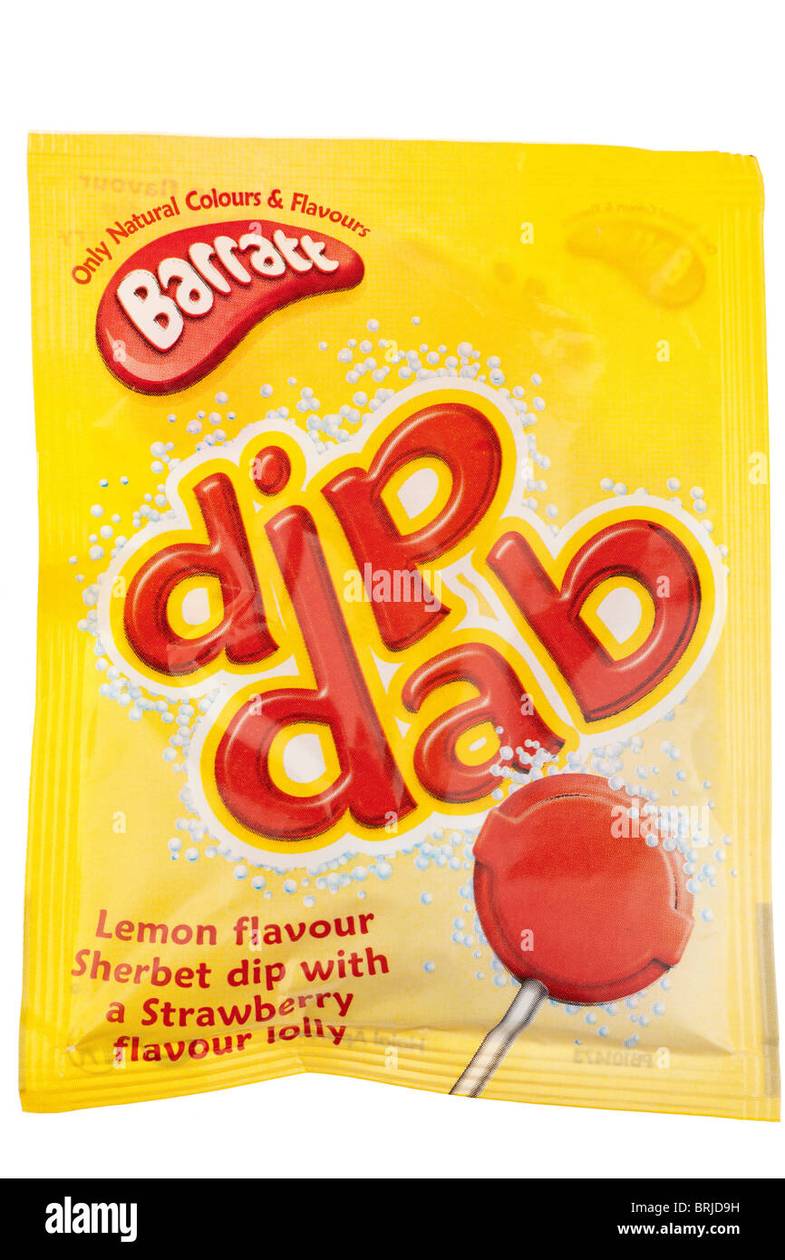 Bag of Barratt Dip Dab lemon flavour sherbet dip and strawberry flavour lolly Stock Photo