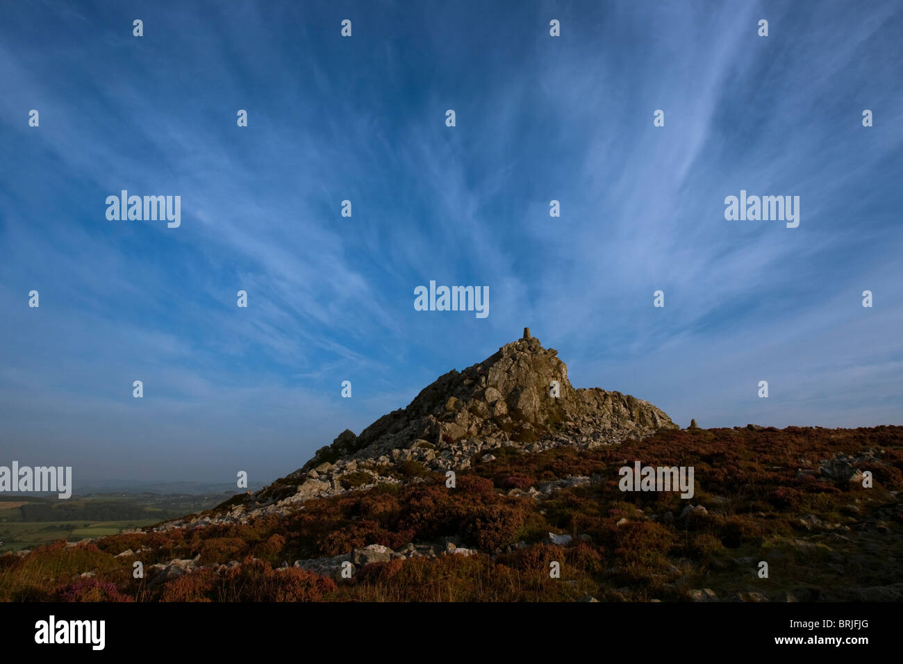 Manstone, highest point of the Stiperstones in Shropshire, shortly after sunrise. Stock Photo