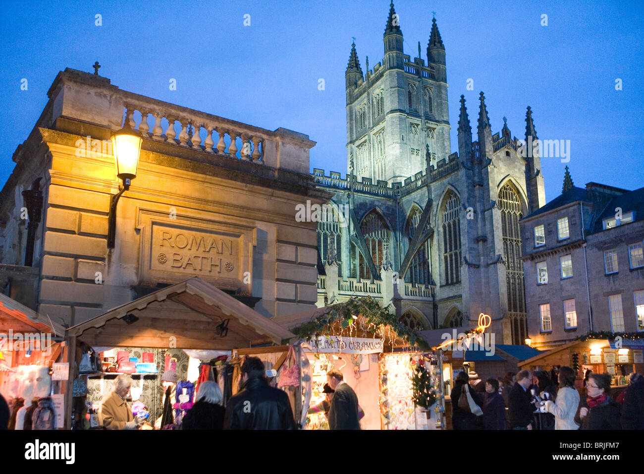 Bath Christmas Market and Bath Abbey, Somerset, England,UK Stock Photo