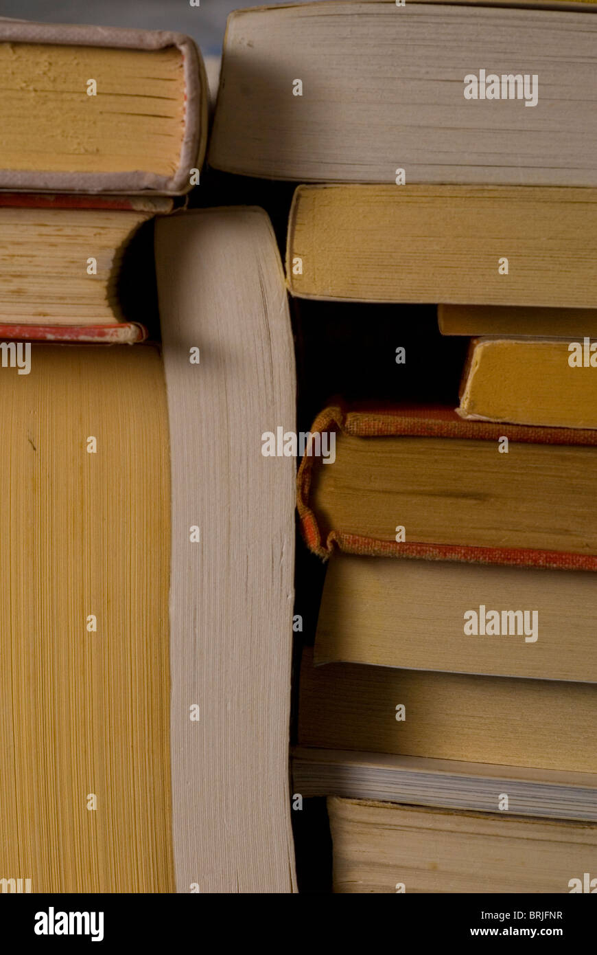 View of stacked and piled up books close up Stock Photo