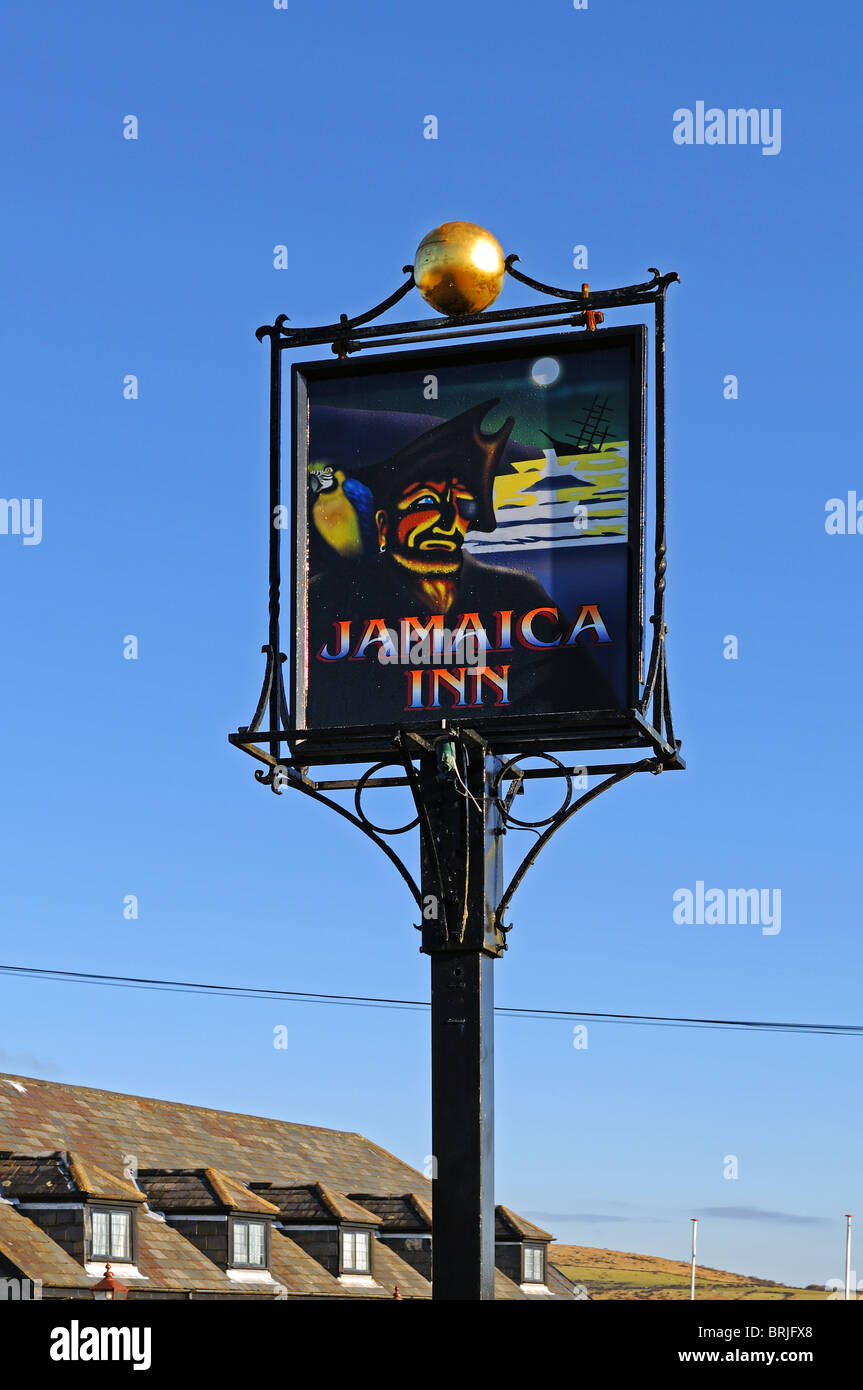 the sign at the ' jamaica inn ' pub on bodmin moor in cornwall, uk Stock Photo