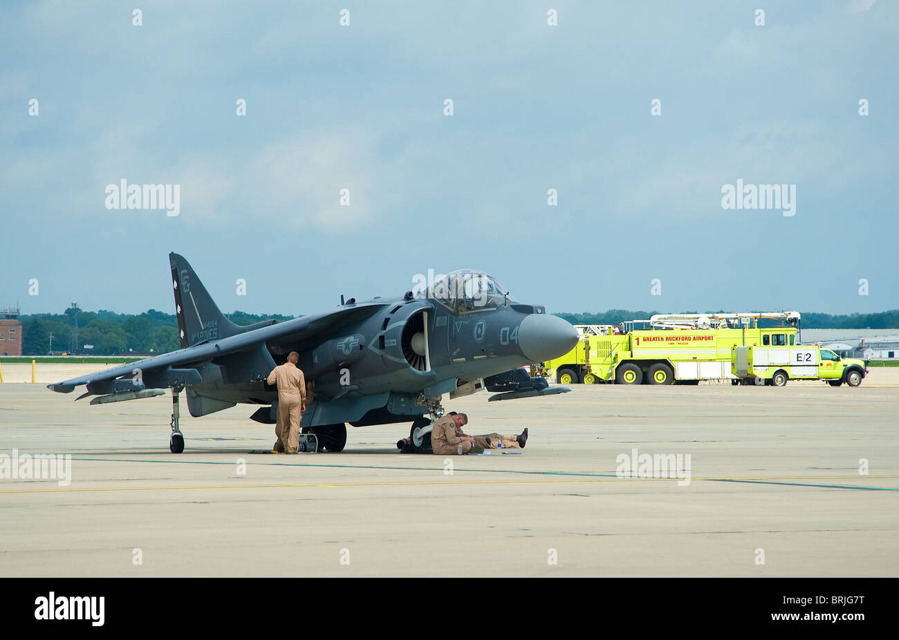 pilots resting after demo flight by AV-8B Harrier, a multimission, short-takeoff vertical landing aircraft US air force Stock Photo
