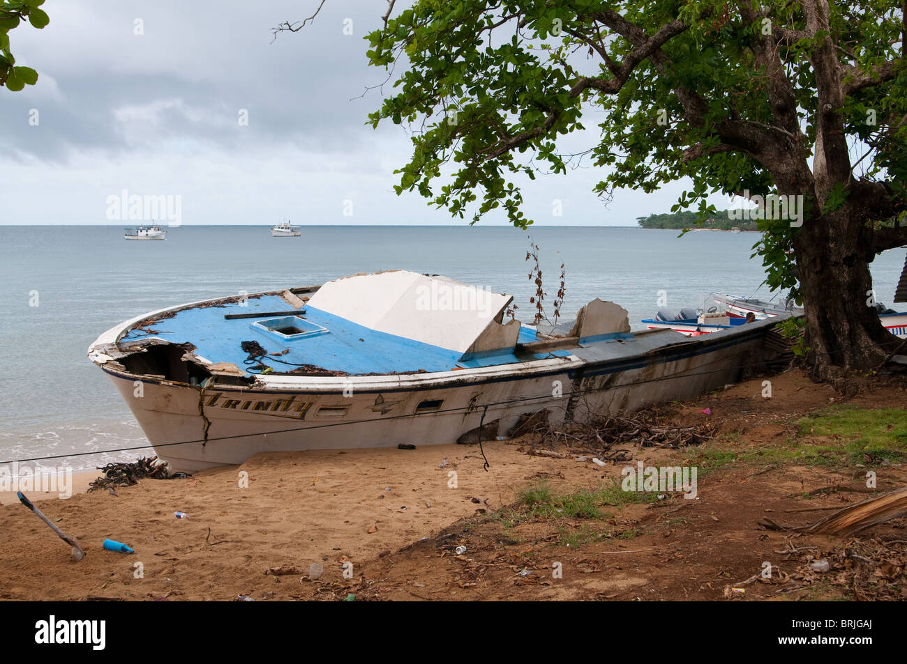 the picture of the abandoned boats on the little Corn island Stock